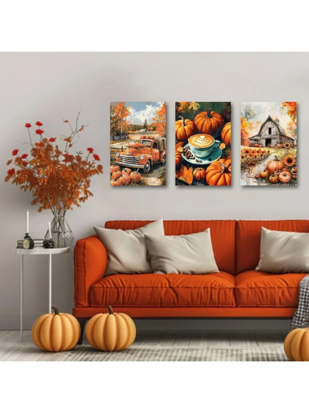 Autumn Pumpkin Wall Art Set - 3 Piece Fall Decor Canvas Prints for Thanksgiving